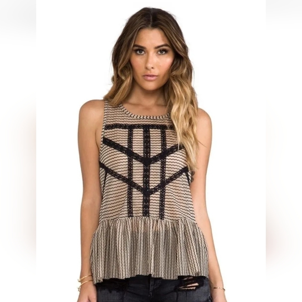 FREE PEOPLE SHEER BLACK & TAN LACE TRIM PEPLUM TANK TOP, SZ XS